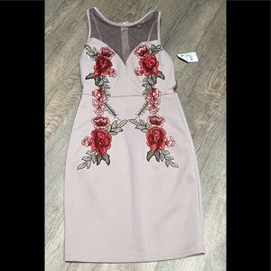 Tan Embroidered Floral Mesh Neck & Back Mini Dress XS NWT